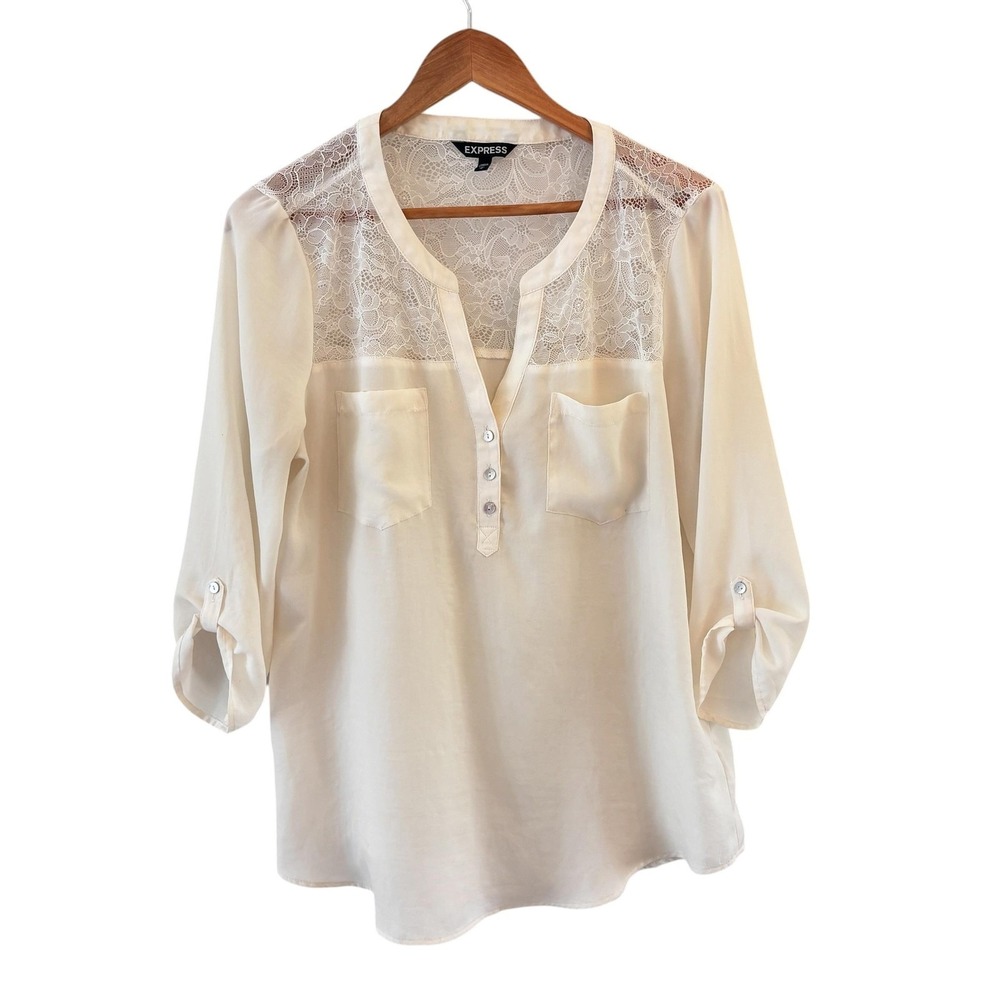 Express Lace Yoke Chiffon Top Womens L Ivory Sheer Roll Tab Feminine Ethereal